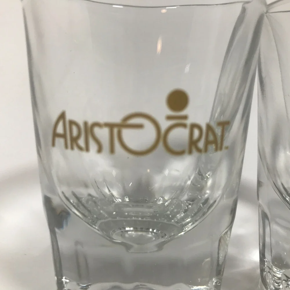 Aristocrat Vodka Shot Glasses Set of 2 Gold Logo Clear Fluted Base Barware